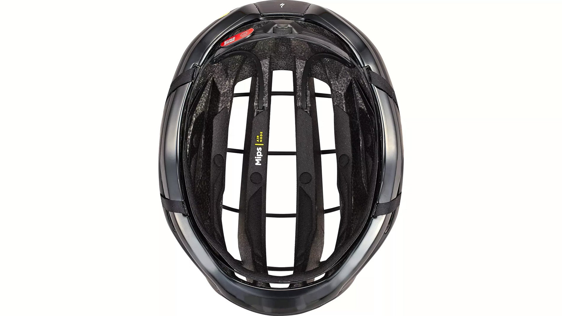 Inside view of the black Specialized -Works Prevail 3 helmet with adjustable straps and ventilation system against a white background.