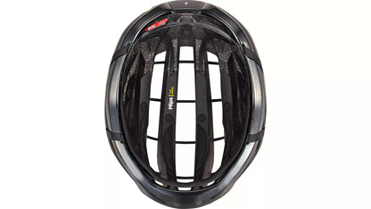 Inside view of the black Specialized -Works Prevail 3 helmet with adjustable straps and ventilation system against a white background.