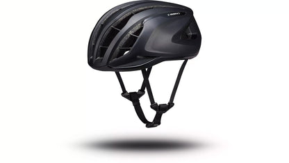 Angled side view of the black Specialized -Works Prevail 3 helmet with adjustable straps and ventilation system against a white background.