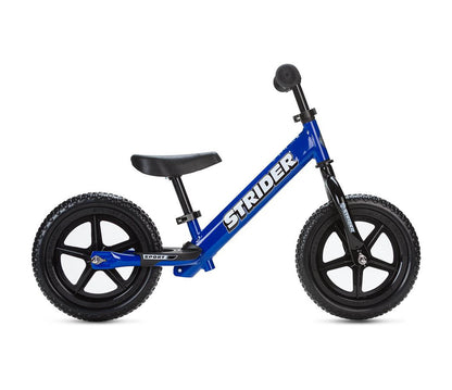 Blue Strider Sport Kids Balance Bike with black wheels and a black seat, designed for children.