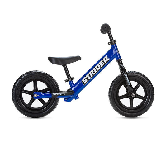 Blue Strider Sport Kids Balance Bike with black wheels and a black seat, designed for children.
