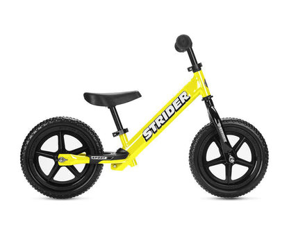 Yellow Strider Sport Kids Balance Bike with black wheels and a black seat, designed for children.