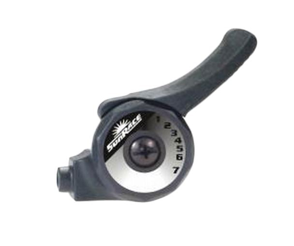 studio view of black SunRace 7 speed thumb shifter with silver indicator and black numerals