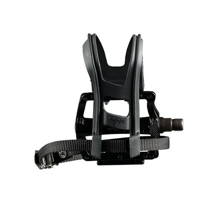 Top View of a Wellgo Alloy ATB Platform Balck Pedal with Toe Clip and Strap against a white background.