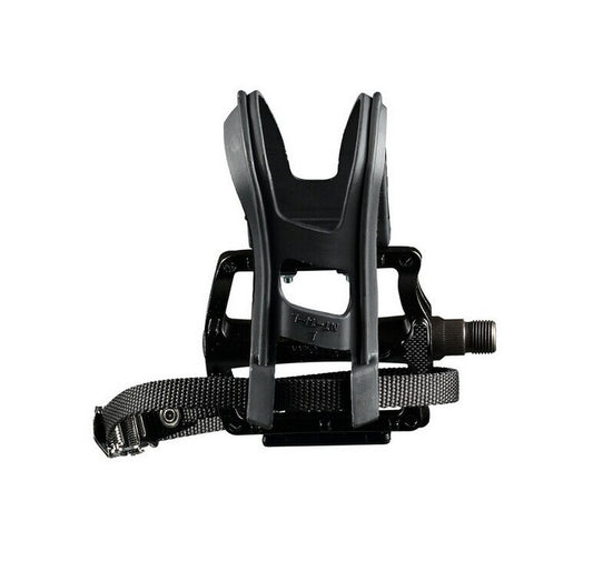 Top View of a Wellgo Alloy ATB Platform Balck Pedal with Toe Clip and Strap against a white background.