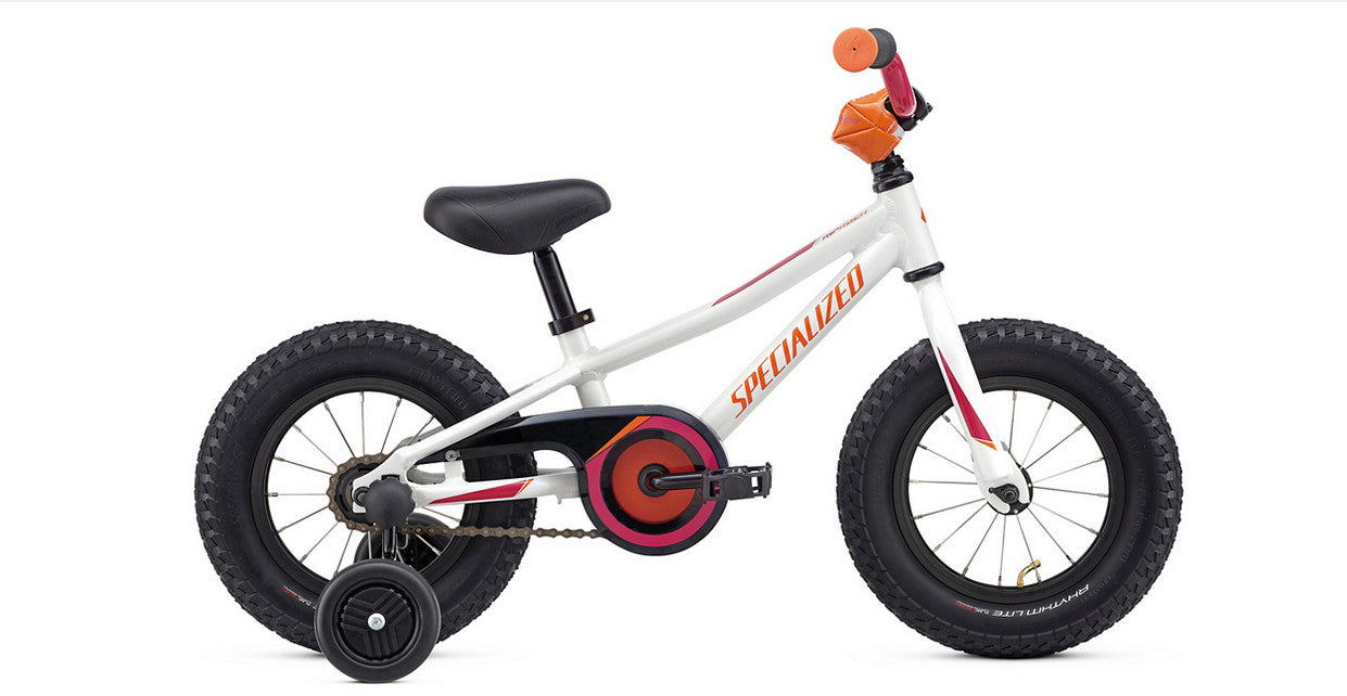 Specialized Riprock Kids Coaster Brake Bike with 12" wheels in white with orange and pink accents.